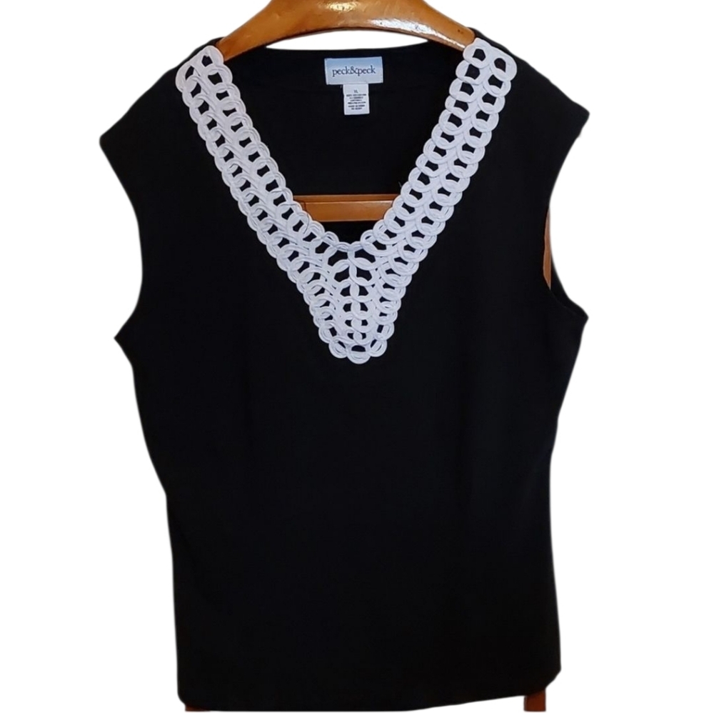 Peck & Peck Open Work Sleeveless Top Black And White Blouse XL EUC